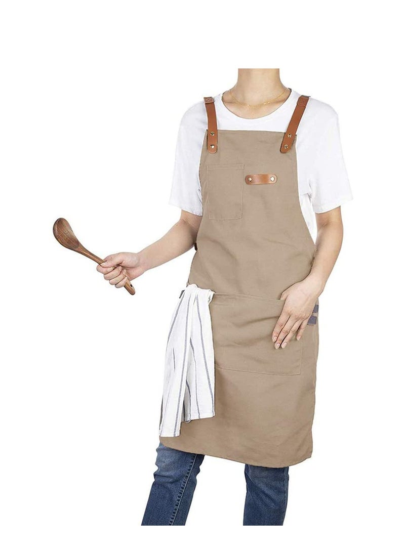 Kitchen Chef Cotton Canvas Apron Barber Works Shop Cooking Cross Back Aprons for Women Men with Pockets (Khaki) Gift for Birthday 's Day Thanksgiving - Image 1