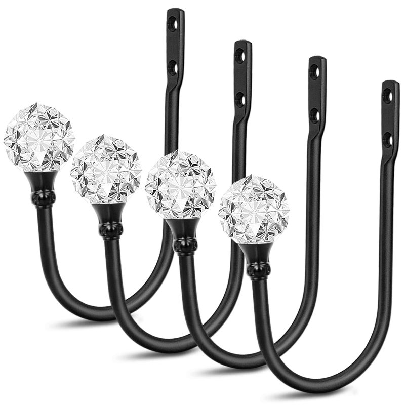 4 Pack Curtain Holdbacks Crystal Curtain Holders for Wall Black Curtain Tiebacks Hooks Drapery Tiebacks Curtain Pullbacks Side Hooks for Drapes