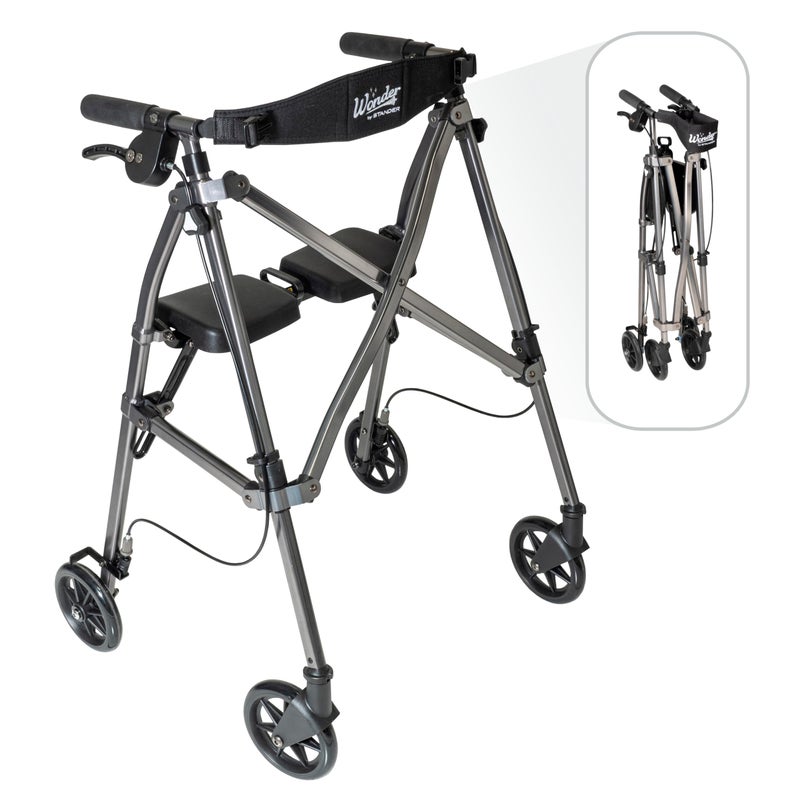 Stander Wonder Rollator Lightweight Folding Space Saver Mobility Rolling Walker for Seniors and Adults 6inch Wheels Locking Brakes and Padded Seat with Backrest Black Walnut
