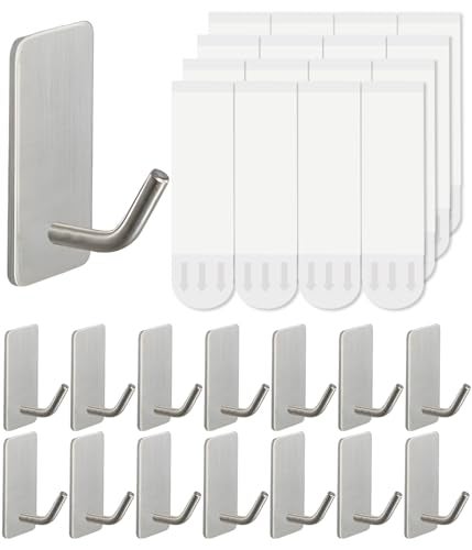 Hoousuper 14 Pcs Towel Hooks with Removable Strips for Hanging Adhesive Wall Hooks Heavy Duty Outdoor No Damage Sticky Hook for Bathrooms Shower Stockings Decor Robe Small Silver 304 Stainless Steel - Image 1