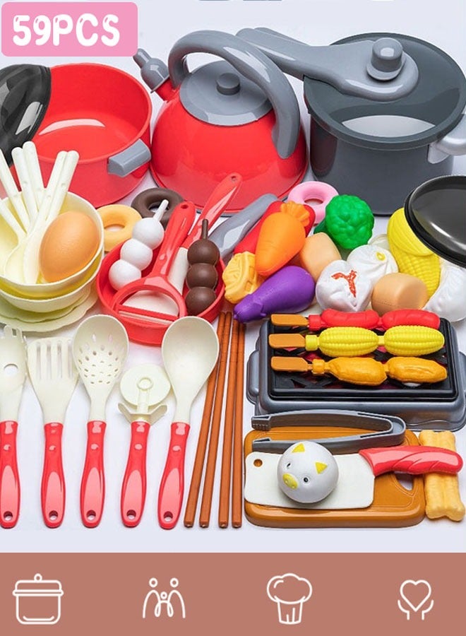 59 Pcs Kitchen Playset Food Toys with Veggies, Fruits Play Kitchen Accessories Set for Kids Pots Pans Playset Cooking Utensils Play Food for Girls & Boys - Image 1