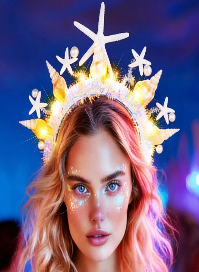 GORTIN Starfish Mermaid Headband Light up Pearl Tiara Wedding Headpiece Costume Hair Accessories for Women - Image 1