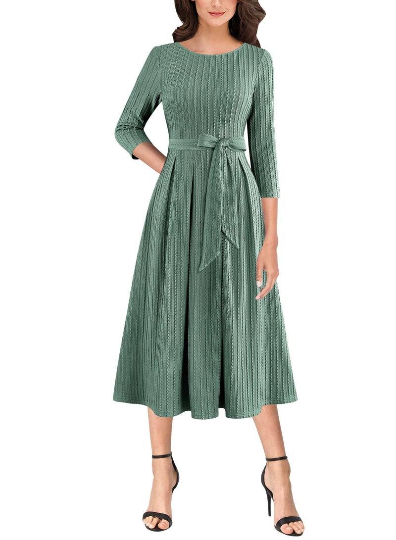 VFSHOW Womens Fall Work Business Midi Dresses Knitted Belted Pockets Office Slimming A-Line Fit and Flare Dress (Green, Large) 11715 GRN L - Image 1