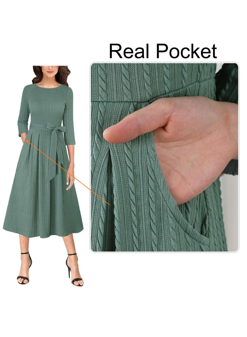 VFSHOW Womens Fall Work Business Midi Dresses Knitted Belted Pockets Office Slimming A-Line Fit and Flare Dress (Green, Large) 11715 GRN L - Image 4