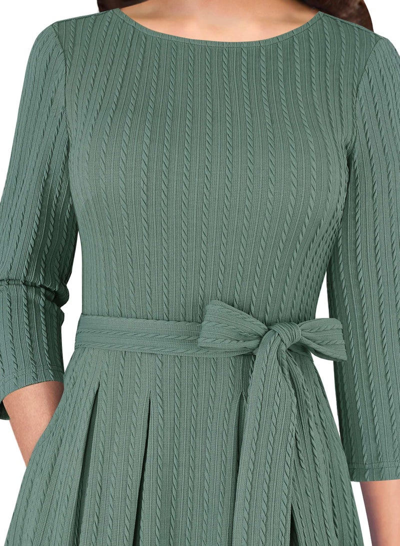 VFSHOW Womens Fall Work Business Midi Dresses Knitted Belted Pockets Office Slimming A-Line Fit and Flare Dress (Green, Large) 11715 GRN L - Image 3
