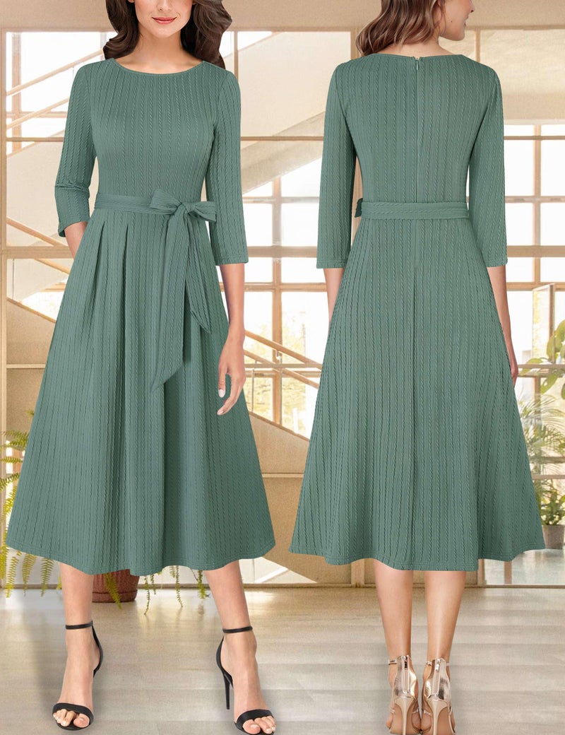 VFSHOW Womens Fall Work Business Midi Dresses Knitted Belted Pockets Office Slimming A-Line Fit and Flare Dress (Green, Large) 11715 GRN L - Image 2