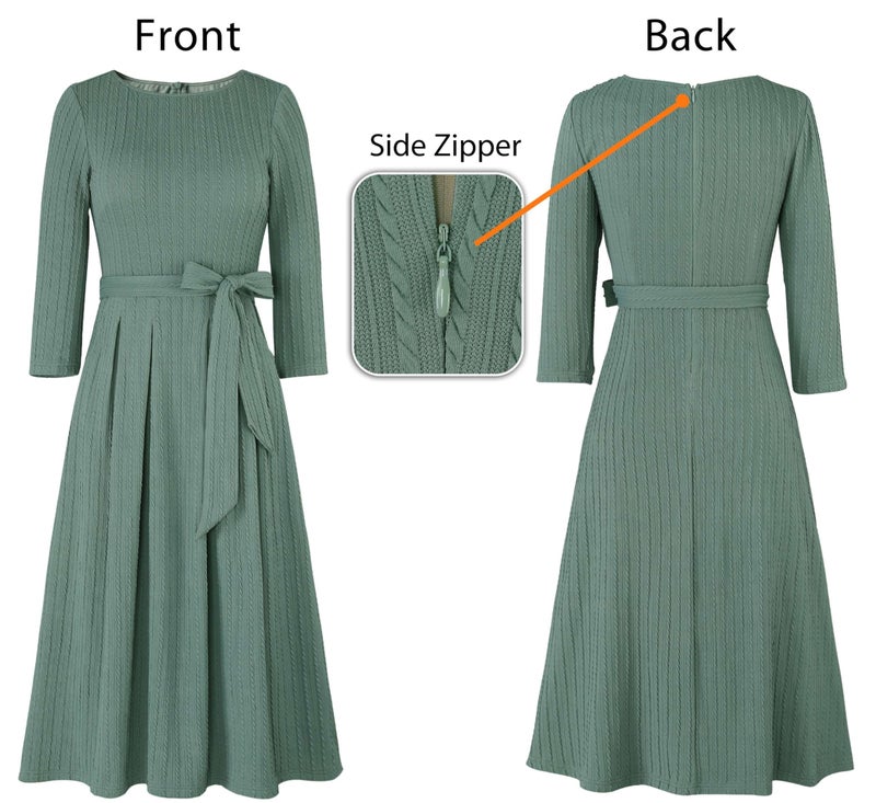 VFSHOW Womens Fall Work Business Midi Dresses Knitted Belted Pockets Office Slimming A-Line Fit and Flare Dress (Green, Large) 11715 GRN L - Image 5