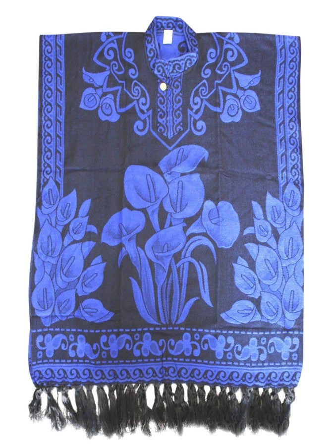 Del Mex Hand Woven Mexican Shawl Poncho Gaban Calla Lily Bouquet Alcatraz Flor (Blue)