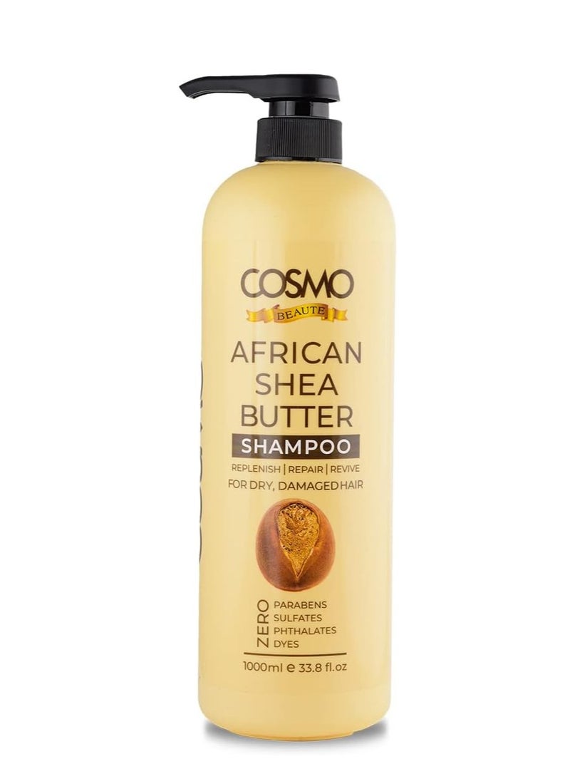 COSMO Cosmo Beauty African Shea Butter Shampoo For Dry & Damaged Hairs 1000ml, Shampoos, Replenish, Repair, Revive, Parabens Free, Sulfates Free, Phthalates Free, Dyes Free, Haircare, Men & Women  - Image 1