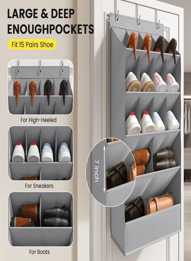 Mefirt Over the Door Shoe Organizers, Hanging Shoe Organizers with 15 Large Pocket, Hanging Shoe Rack for Closet Shoe Organizer for Wall, Grey Shoe Holder 1 Pack - Image 4