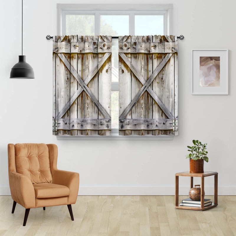 Aimego Farmhouse Country Wood Kitchen Curtains - Wooden Barn Door Vintage Short Tier Curtains Over Sink Natural Rustic Farm Decor Rod Pocket Window Drapes 36 Inch Length 2 Panel Set  28""x36"" - Image 2