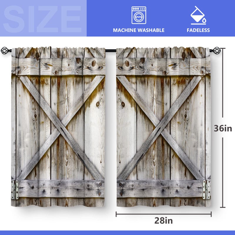 Aimego Farmhouse Country Wood Kitchen Curtains - Wooden Barn Door Vintage Short Tier Curtains Over Sink Natural Rustic Farm Decor Rod Pocket Window Drapes 36 Inch Length 2 Panel Set  28""x36"" - Image 3
