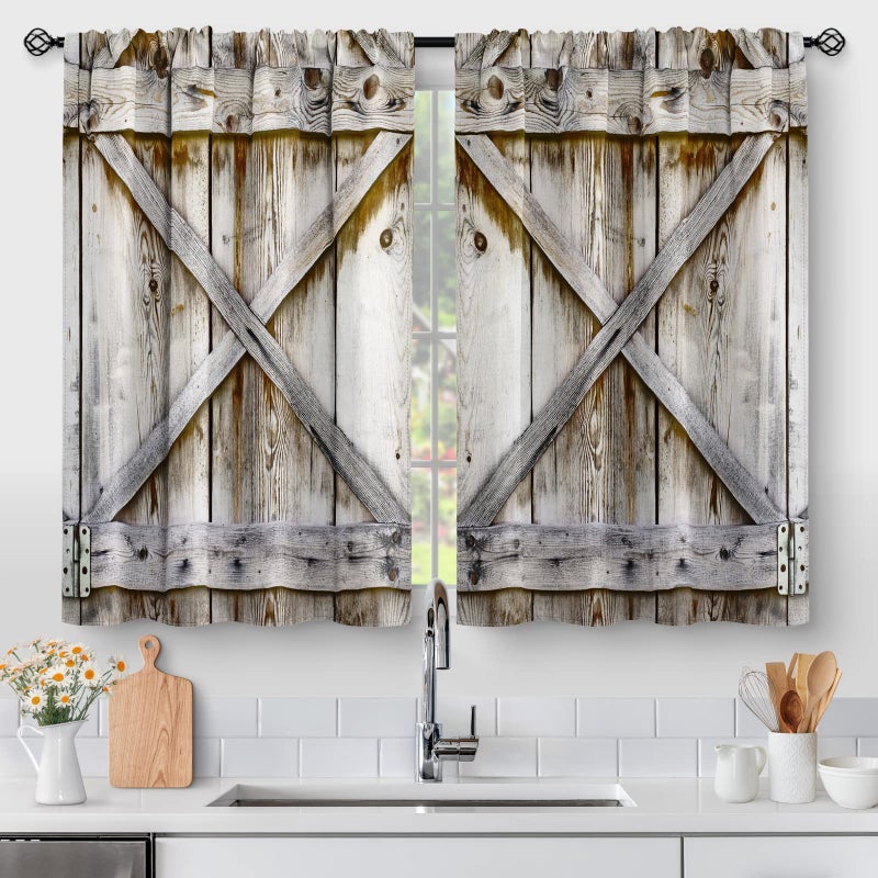 Aimego Farmhouse Country Wood Kitchen Curtains - Wooden Barn Door Vintage Short Tier Curtains Over Sink Natural Rustic Farm Decor Rod Pocket Window Drapes 36 Inch Length 2 Panel Set  28""x36"" - Image 1
