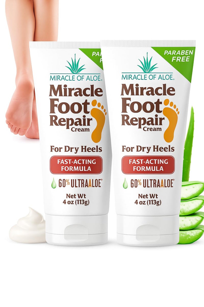 Miracle of Aloe Miracle Foot Repair Cream, 4 oz Repairs Dry Cracked Heels and Feet, Diabetic-Safe, 60% Pure Ultra Aloe Moisturizes, Softens, and Repairs, Relief from Discomfort of Ingrown Toenails (2-Pack) - Image 1