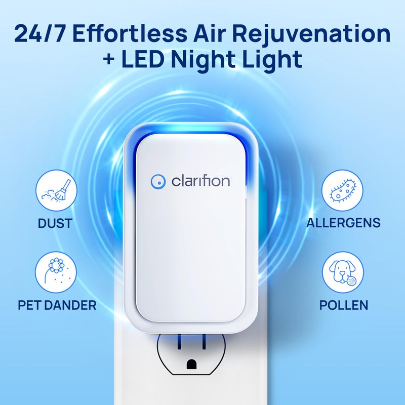 Clarifion كلاريفيون - منقيات الهواء للمنزل (1 عبوة)، نظام ترشيح الأيونات السلبية، معطر هواء هادئ لغرفة النوم، المكتب، المطبخ، فلتر هواء محمول لإزالة الروائح، الدخان، الغبار، الحيوانات الأليفة، مُزيل، منقي هواء صغير - Image 4