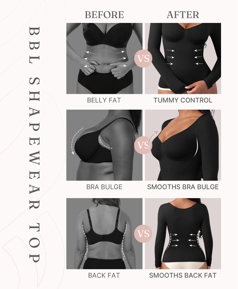 FeelinGirl Tummy Control Shapewear Compression Shirt Women Long Sleeve Shapewear Top Slimming Body Shaper V Neck Black Medium - Image 4