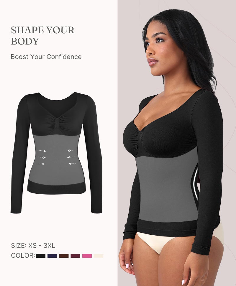 FeelinGirl Tummy Control Shapewear Compression Shirt Women Long Sleeve Shapewear Top Slimming Body Shaper V Neck Black Medium - Image 2