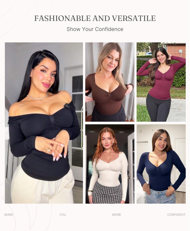 FeelinGirl Tummy Control Shapewear Compression Shirt Women Long Sleeve Shapewear Top Slimming Body Shaper V Neck Black Medium - Image 5