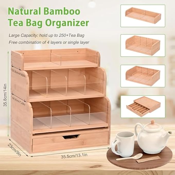yeshine Bamboo Tea Bag Organizer  4 Tier Vertical Holder Wooden Storage Chest Caddy Dispenser Shelf Multifunctional Standing Box For Coffee Sugar Condiment - Image 3