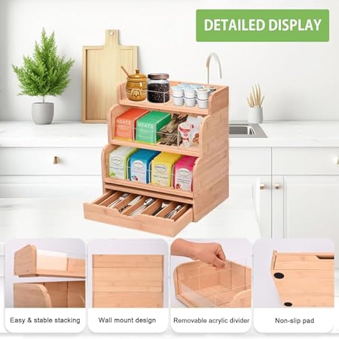 yeshine Bamboo Tea Bag Organizer  4 Tier Vertical Holder Wooden Storage Chest Caddy Dispenser Shelf Multifunctional Standing Box For Coffee Sugar Condiment - Image 4