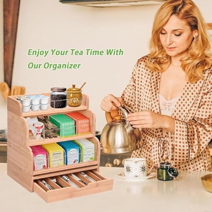 yeshine Bamboo Tea Bag Organizer  4 Tier Vertical Holder Wooden Storage Chest Caddy Dispenser Shelf Multifunctional Standing Box For Coffee Sugar Condiment - Image 5