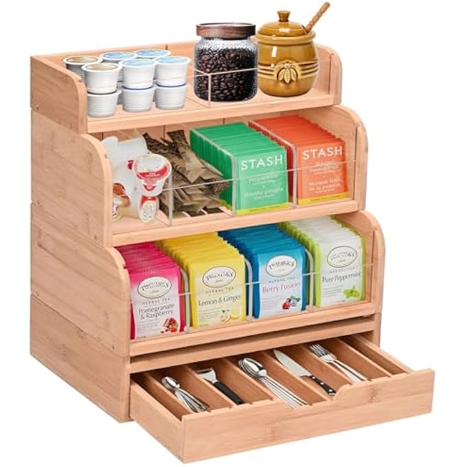 yeshine Bamboo Tea Bag Organizer  4 Tier Vertical Holder Wooden Storage Chest Caddy Dispenser Shelf Multifunctional Standing Box For Coffee Sugar Condiment - Image 1