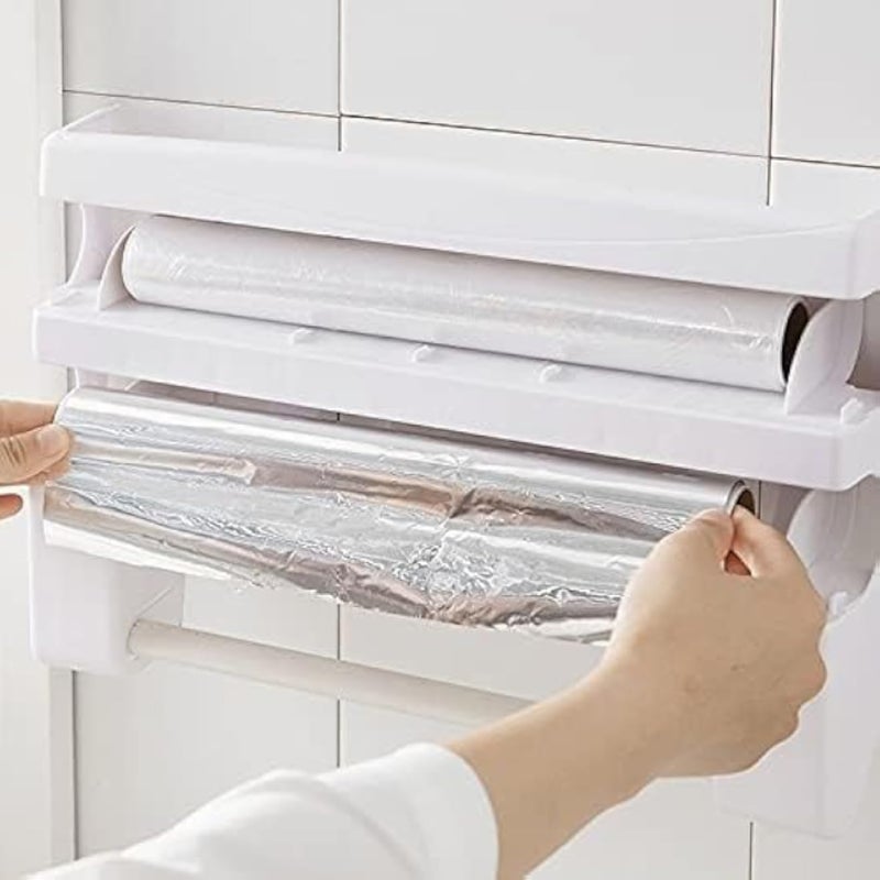 أوكسو حامل مناشف ورقية جداري 4 في 1، موزع رقائق بلاستيكية، مخزن زجاجات الصلصة، منظم تخزين الحمام، رف تخزين مطبخ لاصق، قاطع غلاف بلاستيكي.