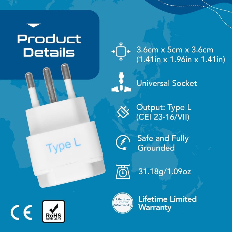 Ceptics Italy, Chile Universal Travel Plug Adapter (Type L) - Perfect for Traveling to Rome - Charge your Cell Phones, Laptops, Tablets - Grounded - 3 Pack (GP-12A-3PK) - Image 4
