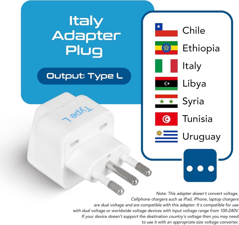 Ceptics Italy, Chile Universal Travel Plug Adapter (Type L) - Perfect for Traveling to Rome - Charge your Cell Phones, Laptops, Tablets - Grounded - 3 Pack (GP-12A-3PK) - Image 2