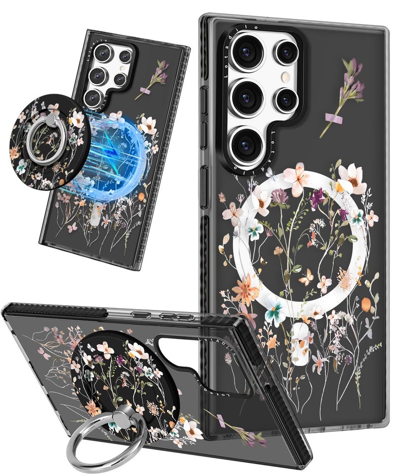 Lotadilo Cute Case for Samsung Galaxy S25 Ultra for Women Girls - Funny Dried Flower Design Compatible with Magsafe Magnetic Ring Holder Kickstand Fashion TPU Phone Covers - Image 1