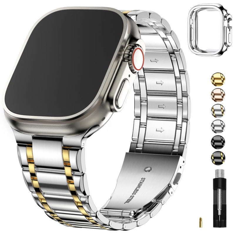 Fullmosa Bands Compatible with Apple Watch Band 49mm Ultra3 2 1 Stainless Steel iWatch Band with Case for Apple Watch Silver and Gold - Image 2