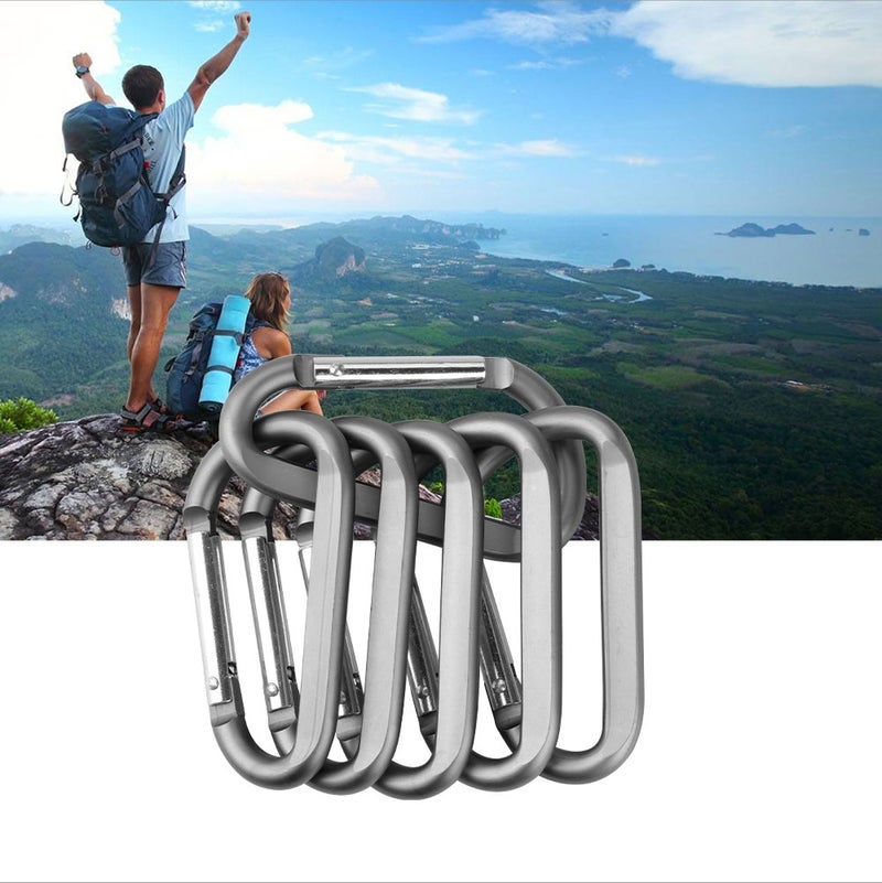CampTek 6PCS Carabiner Caribeaner Clip,3" Large Aluminum D Ring Shape Carabeaner with 6PCS Keyring Keychain Hook (Grey) - Image 5