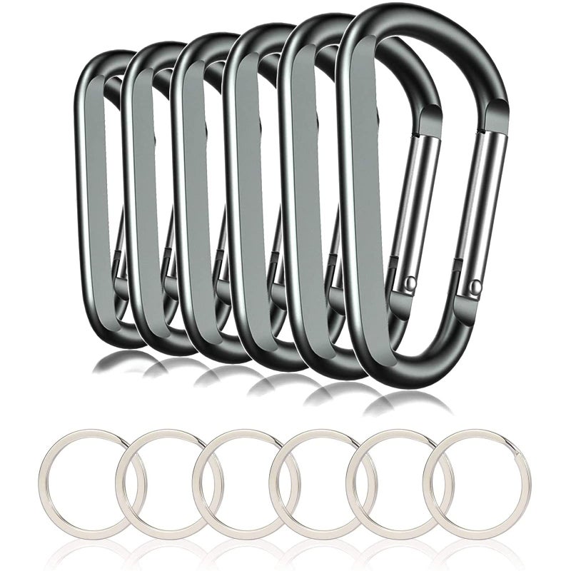 CampTek 6PCS Carabiner Caribeaner Clip,3" Large Aluminum D Ring Shape Carabeaner with 6PCS Keyring Keychain Hook (Grey) - Image 1