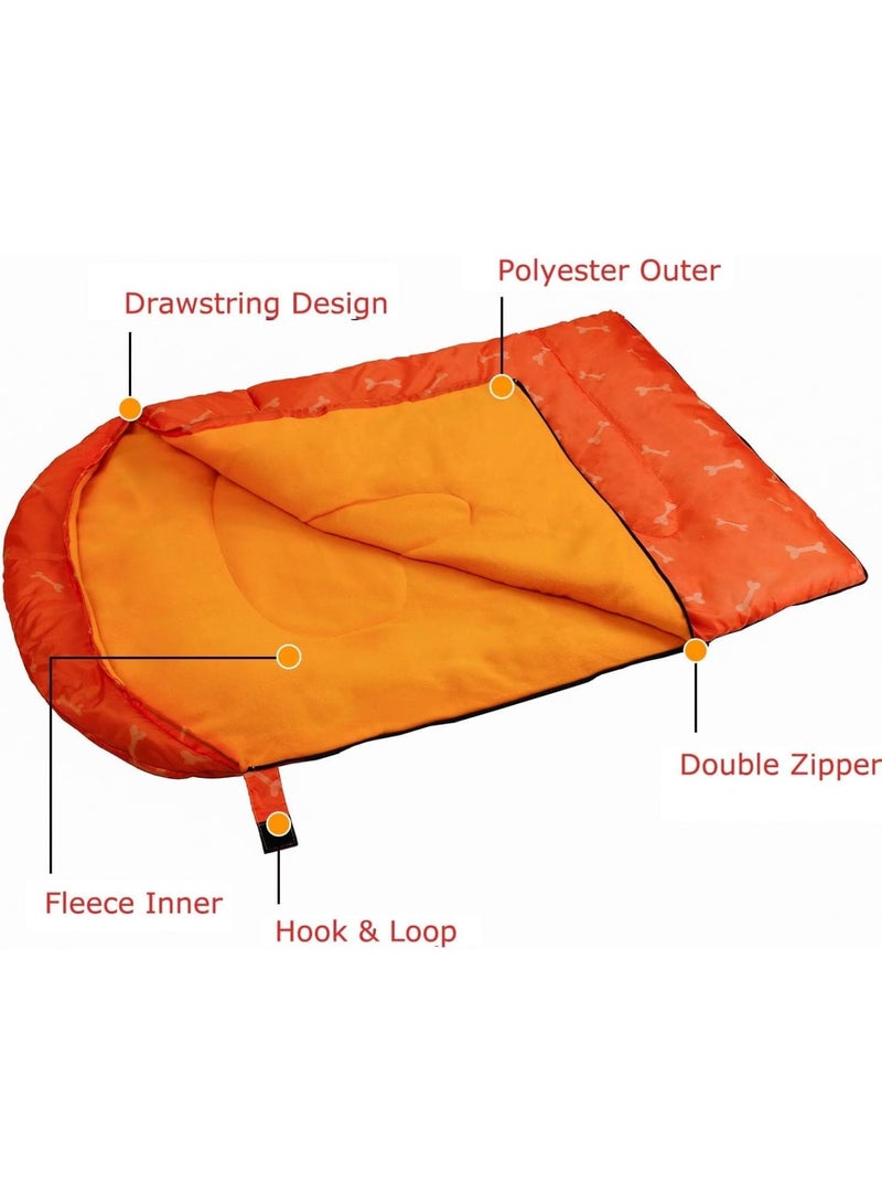 Zikra Dog Sleeping Bag, 45.2 * 29 Inches Camping Essentials Pet Bed with Storage Bag, Bone Pattern Waterproof Warm Cat Sleeping Bag for Indoor, Outdoor, Travel, Hiking, Backpacking, Orange