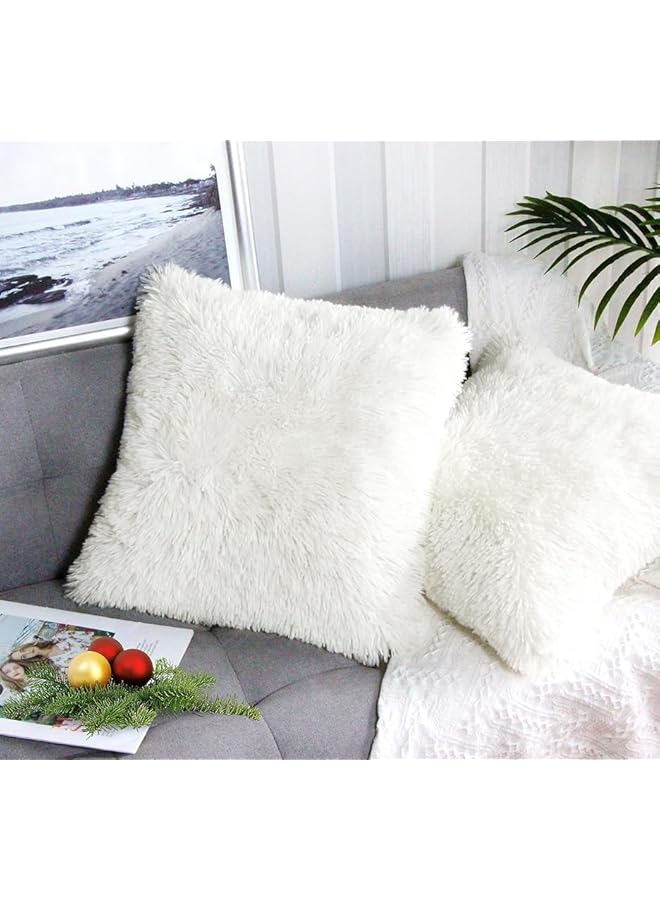 The Bros Set of 2 Home Decorative Luxury Super Soft Style Artificial Fur Throw Pillow Case Cushion Cover Fluffy Double Side for Sofa/Bed, Cream 18x18 Inch - Image 1