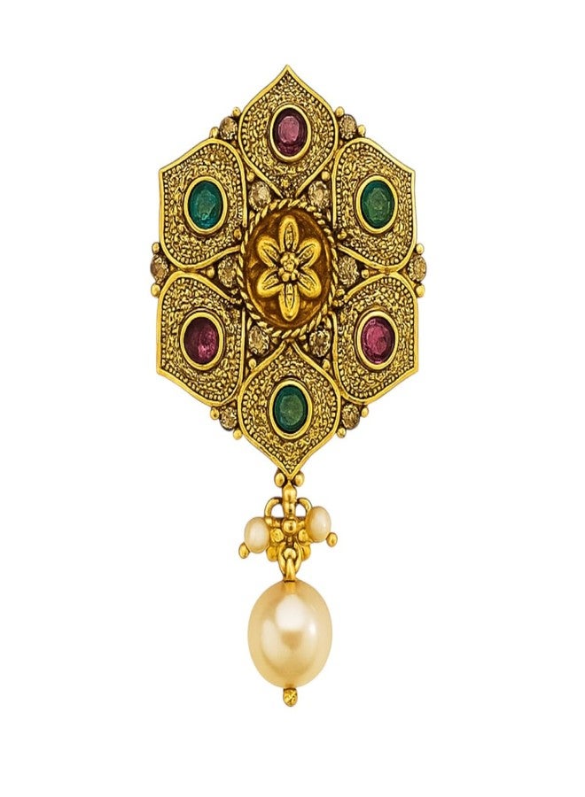 AccessHer Women's & Girls Gold-Plated Hexagon Saree Pin Brooch with Green & Red Stones & Pearl Drop Bridal Safety Pin for Saree Pleats, Gown, Dupatta, Shawl & Saree Pallu - Image 1
