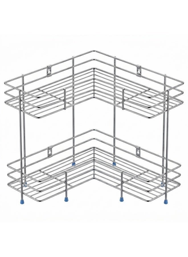 Dunekart 2 Layer Stainless Steel Kitchen Corner Storage Shelf | Vegetable Rack with Holder | Multipurpose Kitchen Organizer Basket Stand | Bartan Shelf for Kitchen - Image 2