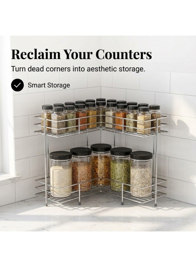 Dunekart 2 Layer Stainless Steel Kitchen Corner Storage Shelf | Vegetable Rack with Holder | Multipurpose Kitchen Organizer Basket Stand | Bartan Shelf for Kitchen - Image 3