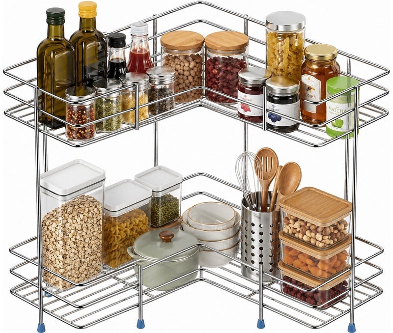 Dunekart 2 Layer Stainless Steel Kitchen Corner Storage Shelf | Vegetable Rack with Holder | Multipurpose Kitchen Organizer Basket Stand | Bartan Shelf for Kitchen - Image 1