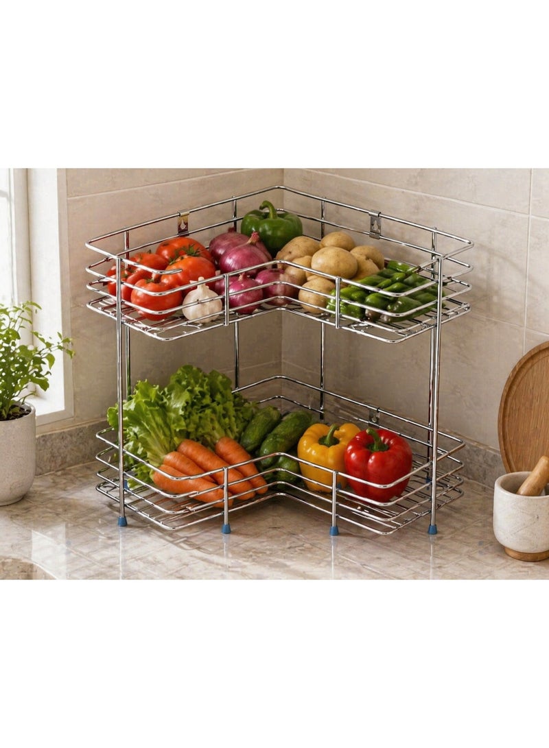 Dunekart 2 Layer Stainless Steel Kitchen Corner Storage Shelf | Vegetable Rack with Holder | Multipurpose Kitchen Organizer Basket Stand | Bartan Shelf for Kitchen - Image 5