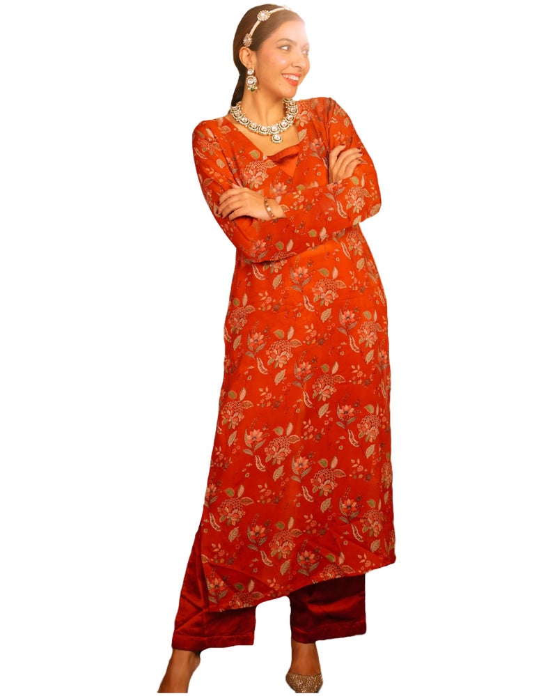 ANNI Designer Women's Rayon Viscose Straight Printed Kurta with Palazzo (JHOL Orange_L_Orange_Large) - Image 1