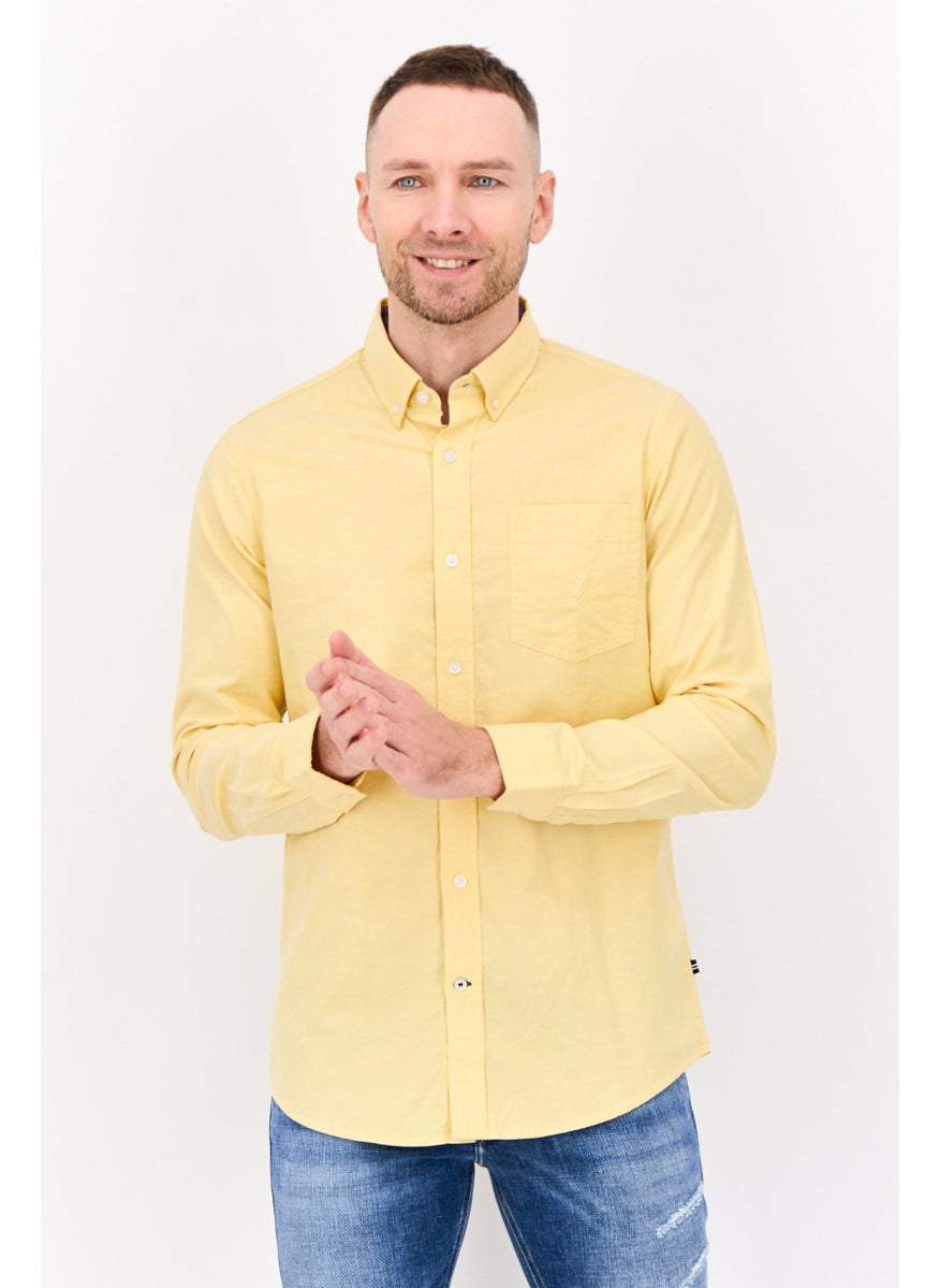 NAUTICA Men Classic Fit Plain Long Sleeve Casual Shirt, Yellow  - Image 1