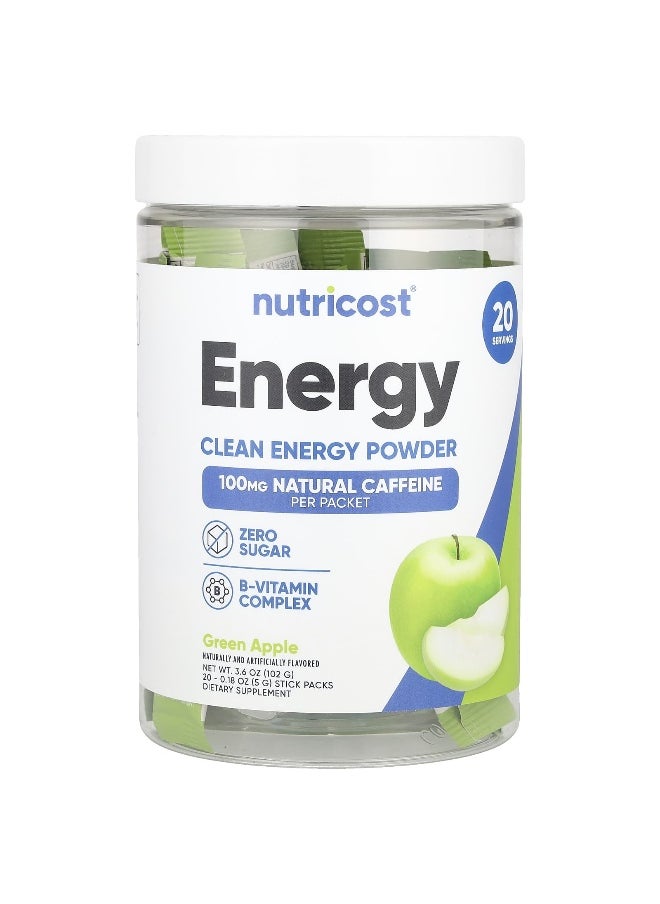 Nutricost - Nutricost, Energy, Clean Energy Powder, Green Apple, 20 Stick Packs, 0.18 oz (5 g) Each - Image 1