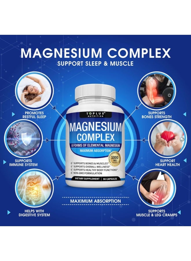 Toplux Magnesium Complex Supplement 8 Elemental Magnesium 1000mg - Magnesium Glycinate, Citrate, Malate, Taurate, Chelated for Easy Absorption for Bones, Muscle, Recovery, Energy, Vegan Non-GMO 90 Capsules - Image 2