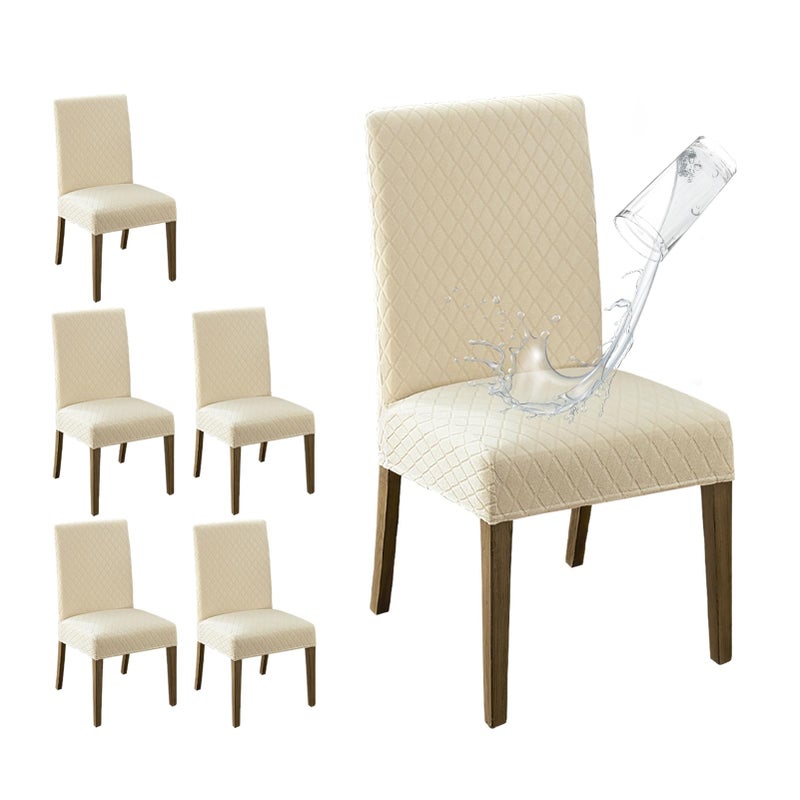 MOSAYT 100% Waterproof Dining Room Chair Covers Set of 6, Super Fit Stretch Jacquard Parson Chairs Slipcovers Removable Washable Chair Seat Protectors for Home, Kitchen, Banquet (Beige) - Image 1
