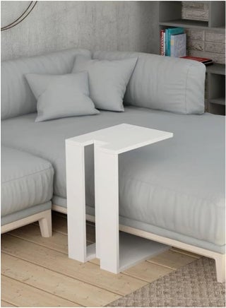 Side Table Bedside Nightstand Modern C-Shaped Under Sofa or Bed, Sturdy Metal Frame for Laptop or Snacks, Space-Saving Accent Furniture for Living Room–Wood– Sofa Finish–Matte White–57x40x30 cm-1pc