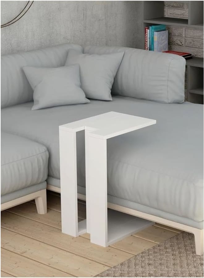 مودرن هوم طاولة جانبية عصرية على شكل حرف C، تُوضع أسفل الأريكة أو السرير، بإطار معدني متين مناسب للكمبيوتر المحمول أو الوجبات الخفيفة، قطعة أثاث موفرة للمساحة لغرفة المعيشة - خشب - لون أبيض مطفي - 57×40×30 سم - قطعة واحدة - Image 1