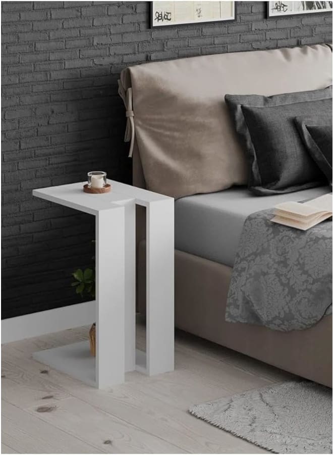 مودرن هوم طاولة جانبية عصرية على شكل حرف C، تُوضع أسفل الأريكة أو السرير، بإطار معدني متين مناسب للكمبيوتر المحمول أو الوجبات الخفيفة، قطعة أثاث موفرة للمساحة لغرفة المعيشة - خشب - لون أبيض مطفي - 57×40×30 سم - قطعة واحدة - Image 3