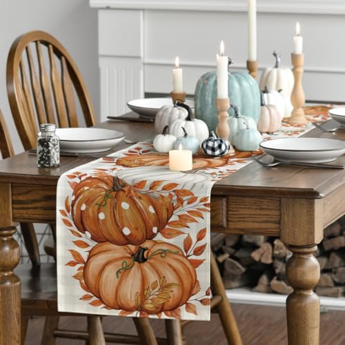 Artoid Mode Buffalo Plaid Orange Pumpkins Eucalyptus Fall Table Runner, Autumn Thanksgiving Kitchen Dining Table Decoration for Home Party Decor 13x72 Inch - Image 3