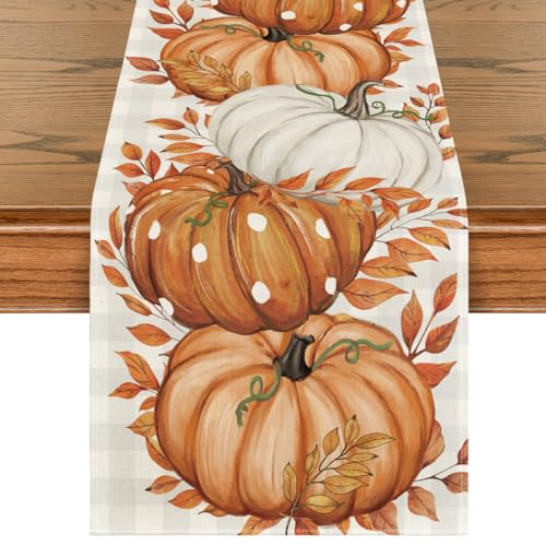 Artoid Mode Buffalo Plaid Orange Pumpkins Eucalyptus Fall Table Runner, Autumn Thanksgiving Kitchen Dining Table Decoration for Home Party Decor 13x72 Inch - Image 1